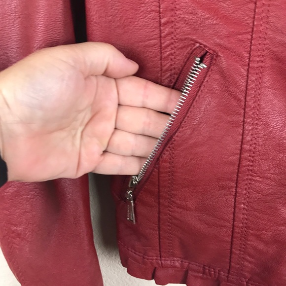 Jou Jou Faux Leather Moto Jacket in Burgandy/Red - Picture 4 of 7